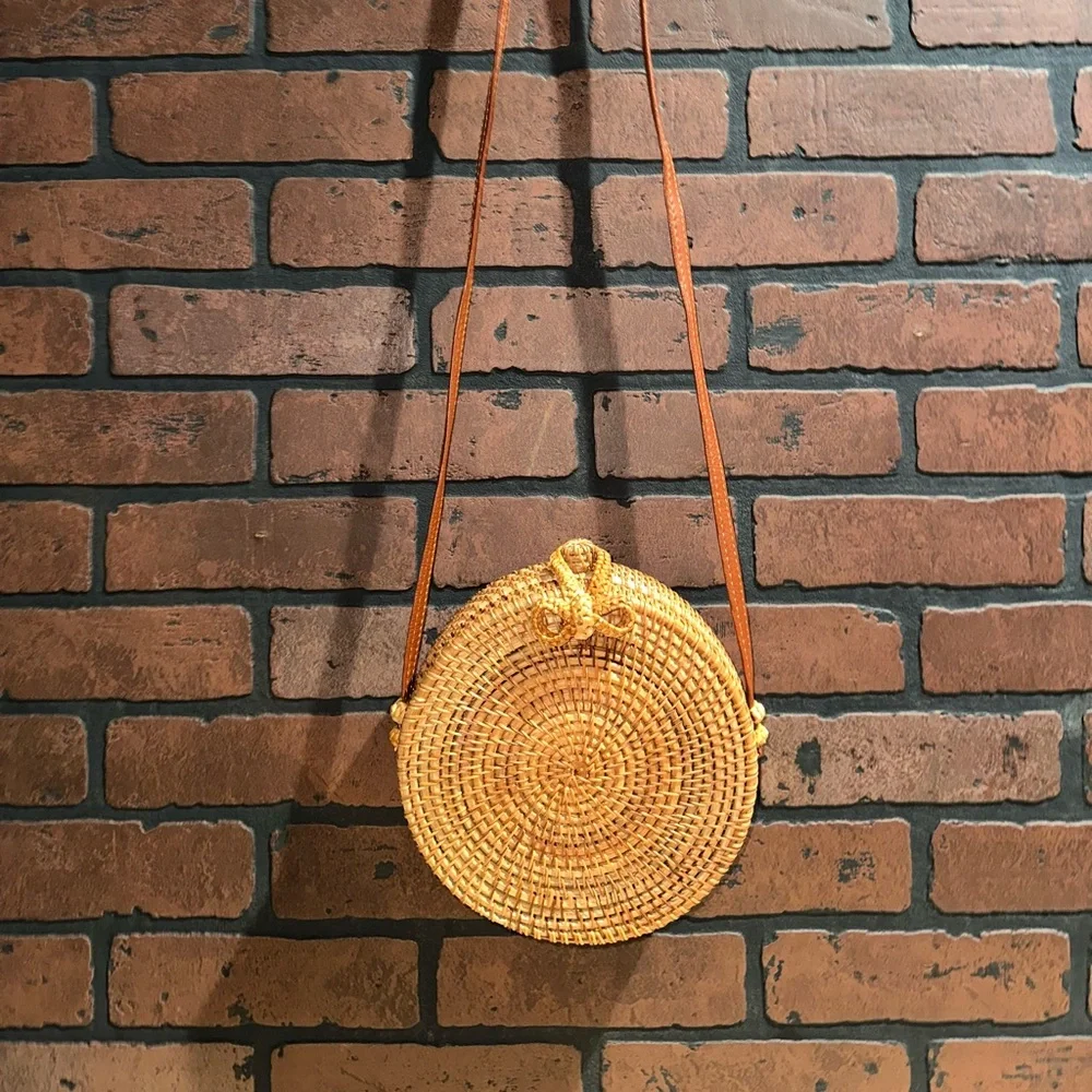 Round Woven Tan Crossbody Bag